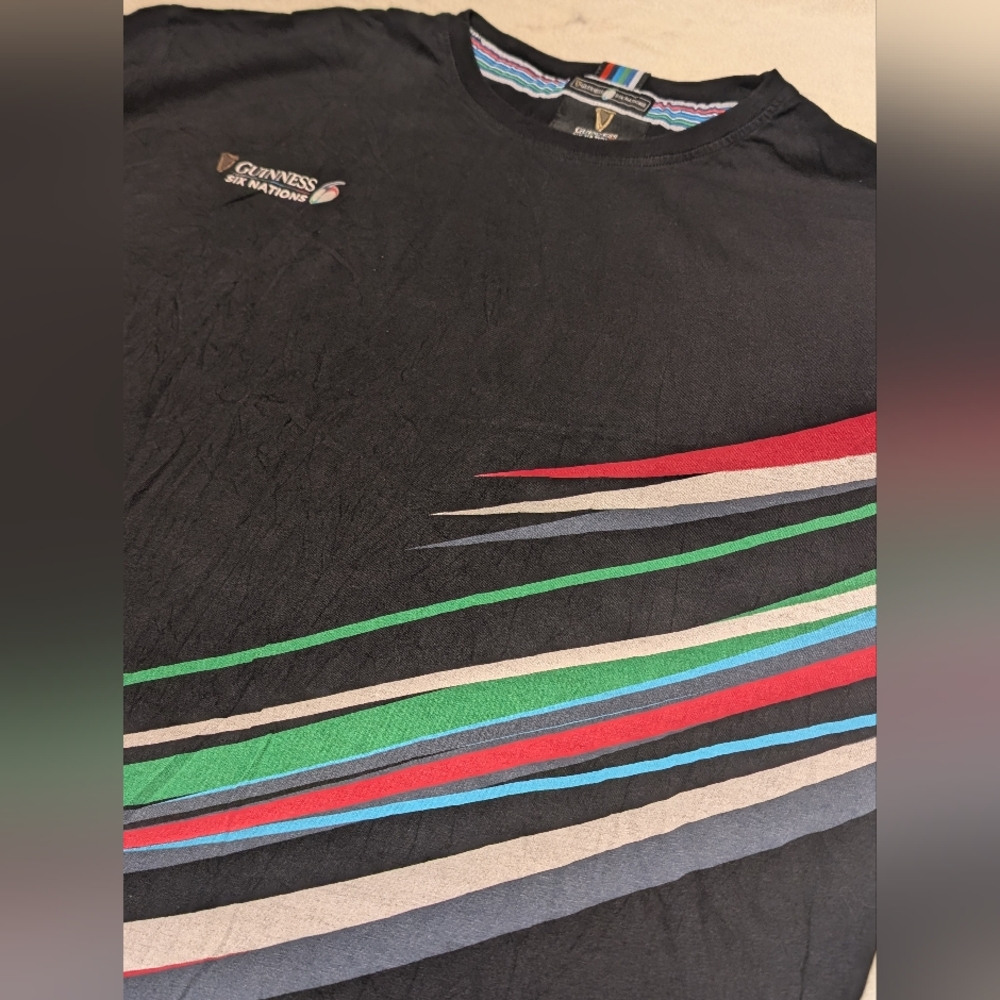 Guinness Rugby Black Tee with Colorful Stripes. Xl